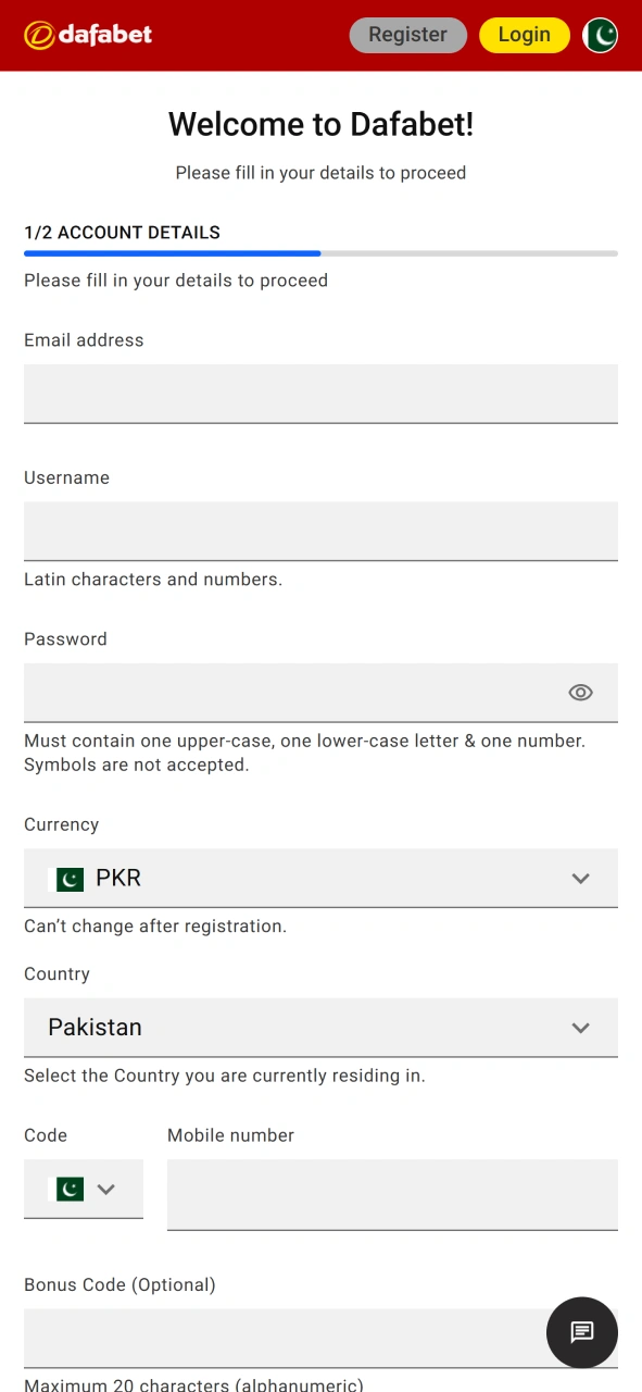Register in few taps at Dafabet app.