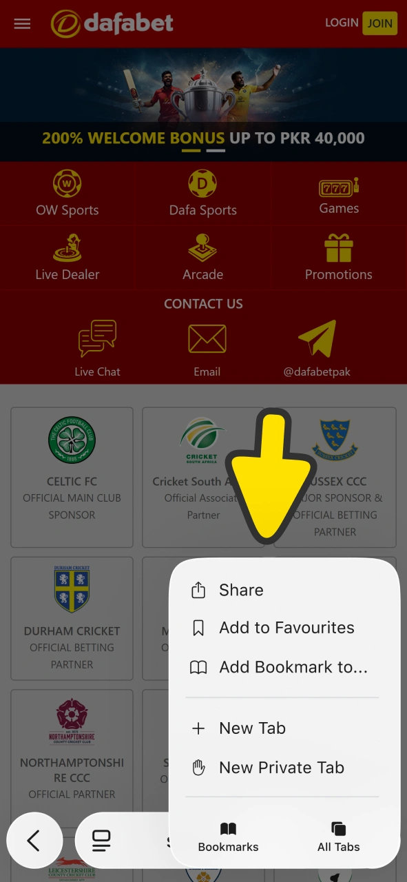 Tap on share button on your Safari settings to get Dafabet iOS app.