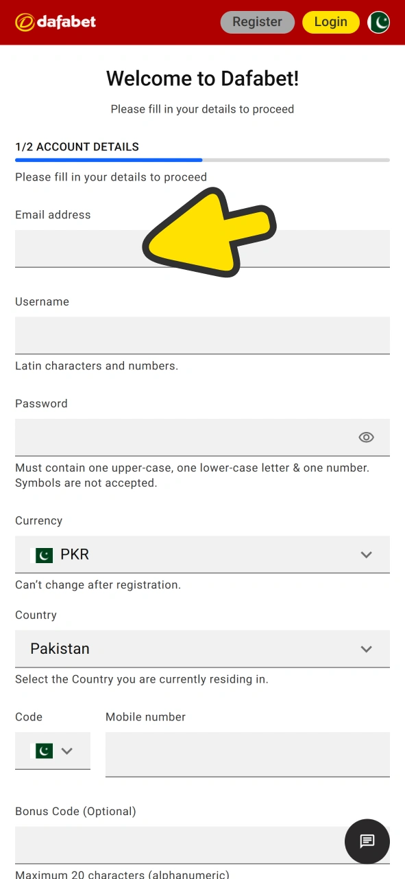 Type in your data into first Dafabet registration form.