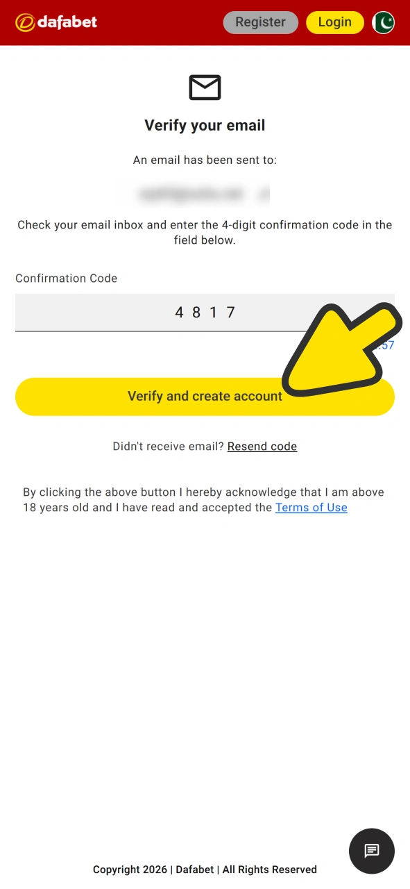 Enter vefirication code to create Dafabet account.