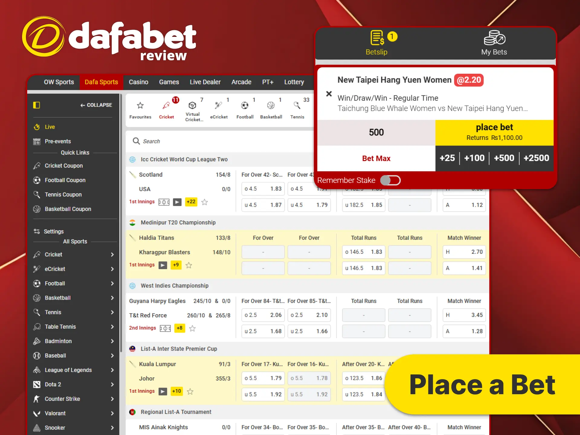 Choose sports and place your bet at Dafabet sportsbook.