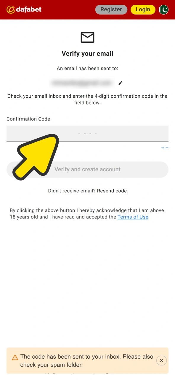 Enter email verificational code to join Dafabet.