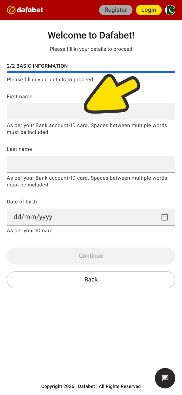 Fill second Dafabet registration form.